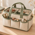 Oatmeal Canvas Sewing Tool Organizer Tote with Divided Interior & Sage Green Trim