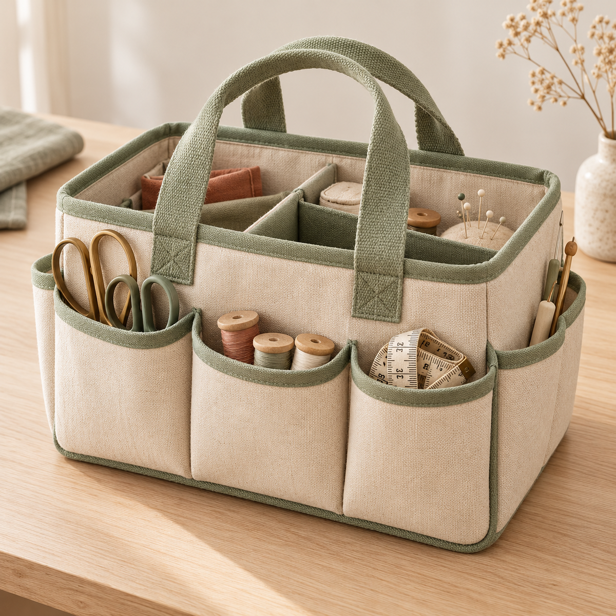 Oatmeal Canvas Sewing Tool Organizer Tote with Divided Interior & Sage Green Trim