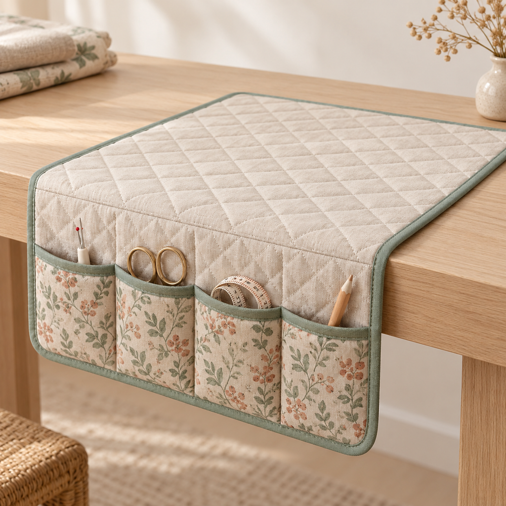 Oatmeal Quilted Sewing Machine Organizer Mat with Four Floral Storage Pockets & Sage Green Trim