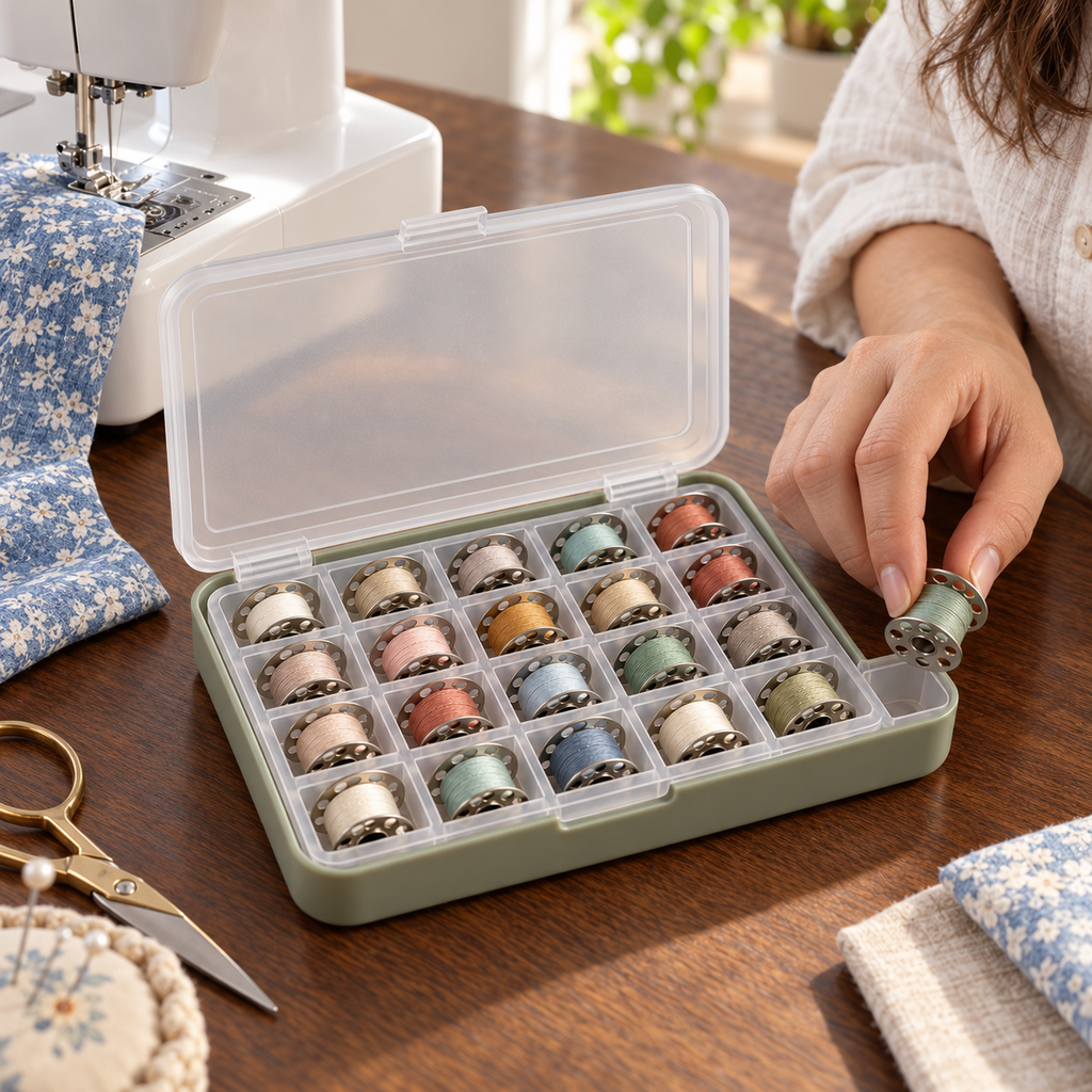 Sage Green Bobbin Storage Case with 20 Compartments & Translucent Hinged Lid