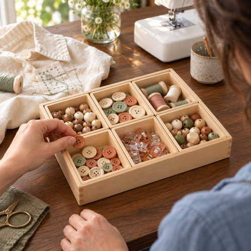 Maple Wood Craft Organizer Tray with Six Removable Compartments for Sewing & Craft Supplies