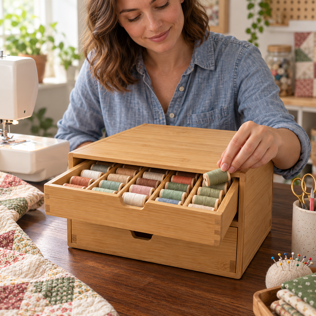 Bamboo Sewing Thread Storage Cabinet with Two Drawers & Divided Spool Organizer