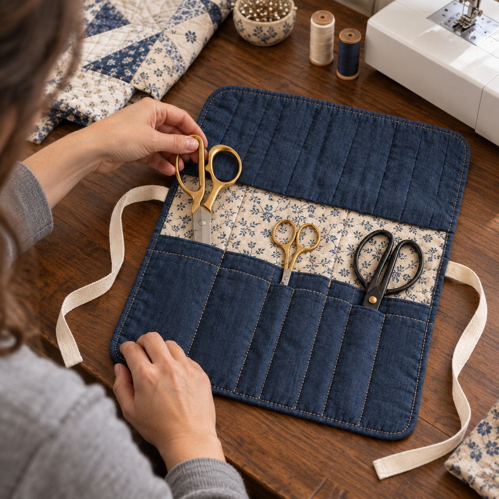 Indigo Quilted Scissors Organizer Roll with Floral Lining & Cotton Tie Closure