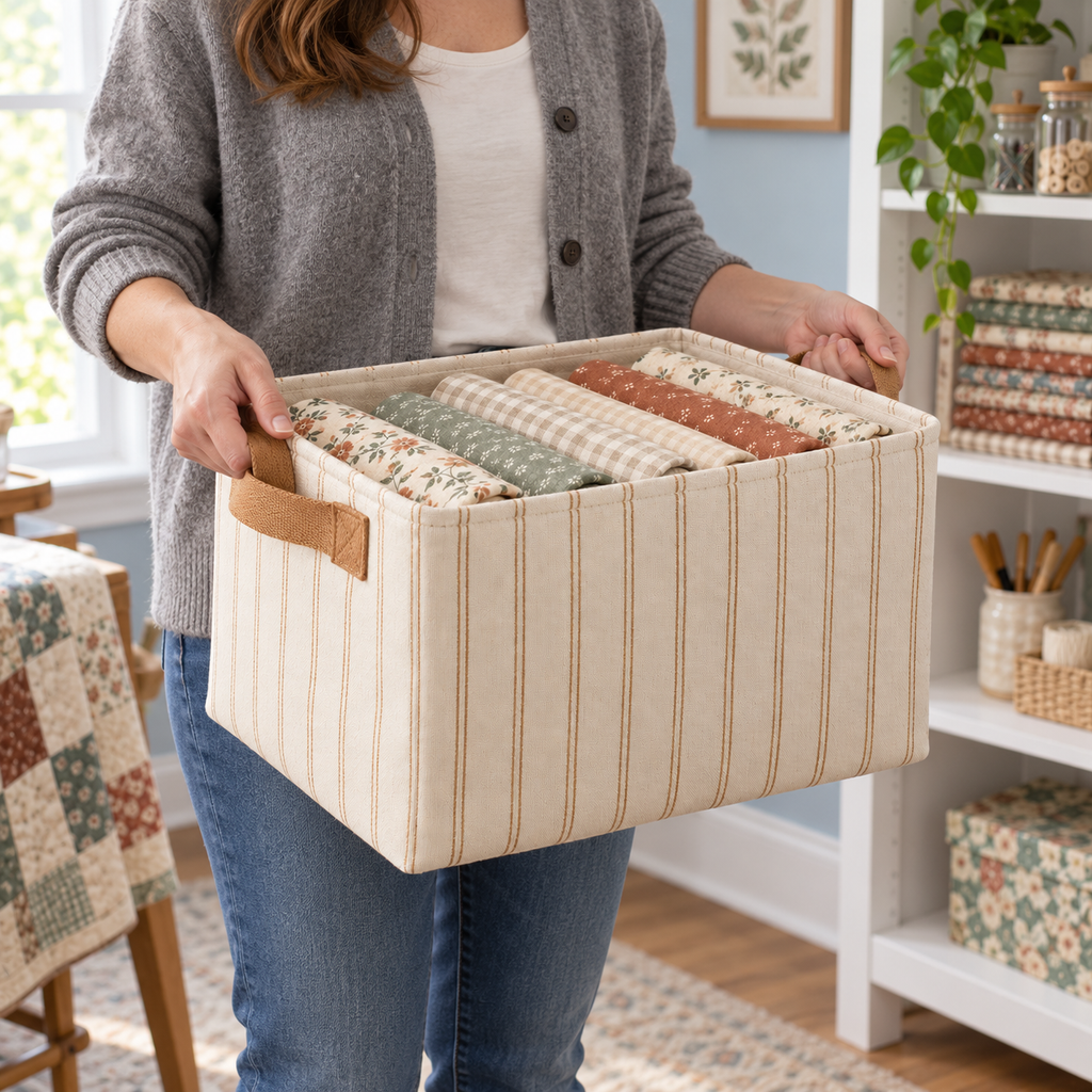 Cream Striped Fabric Storage Basket with Carry Handles for Quilting & Craft Supplies