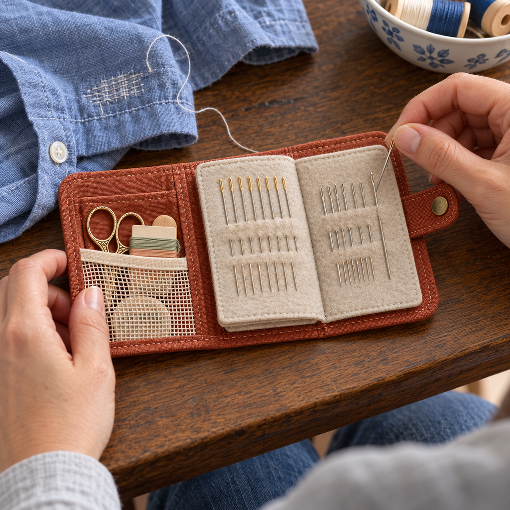 Terracotta Linen Sewing Needle Organizer Book with Felt Pages, Mesh Pocket & Snap Closure