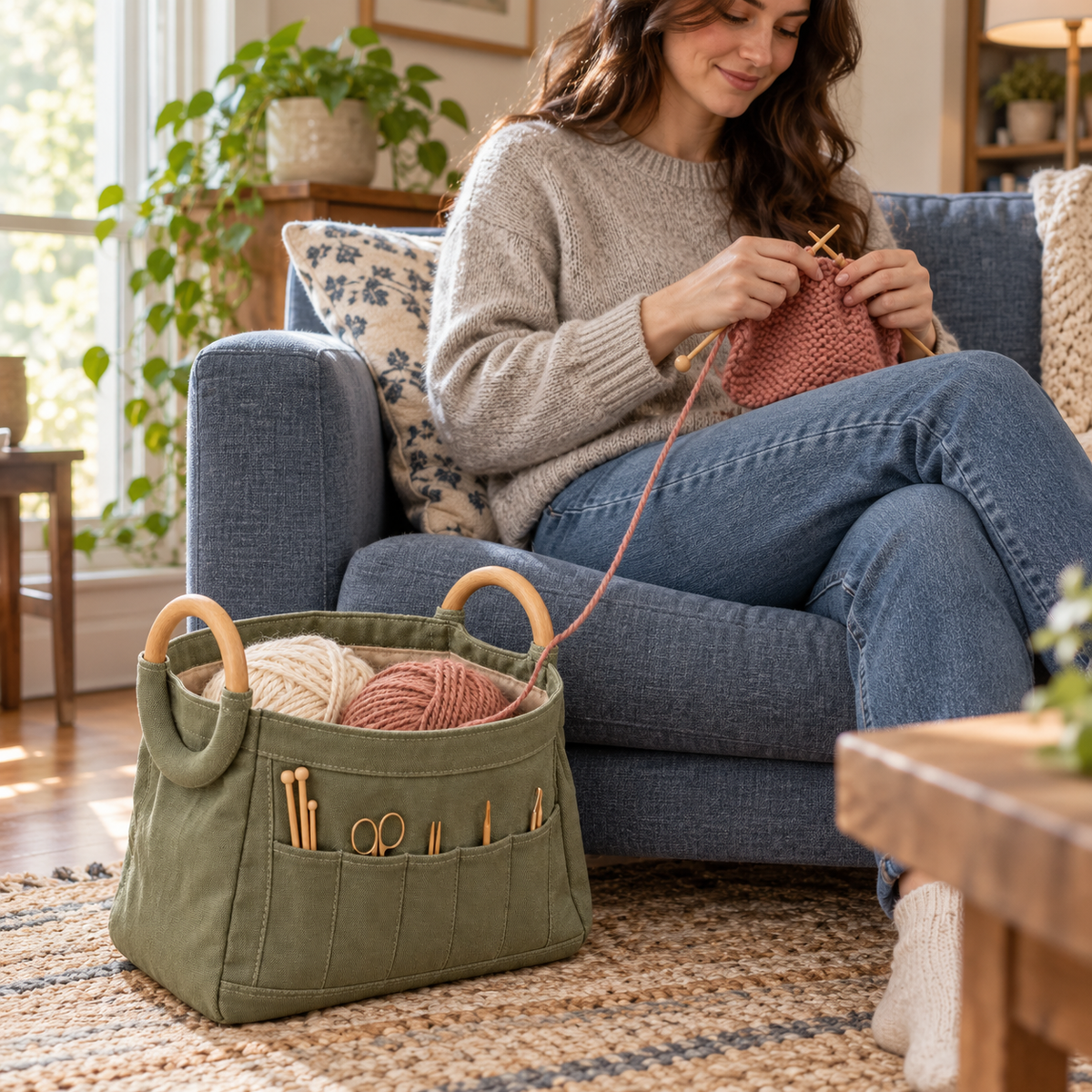 Sage Green Canvas Knitting Project Bag with Wooden Ring Handles & Tool Organizer Pockets