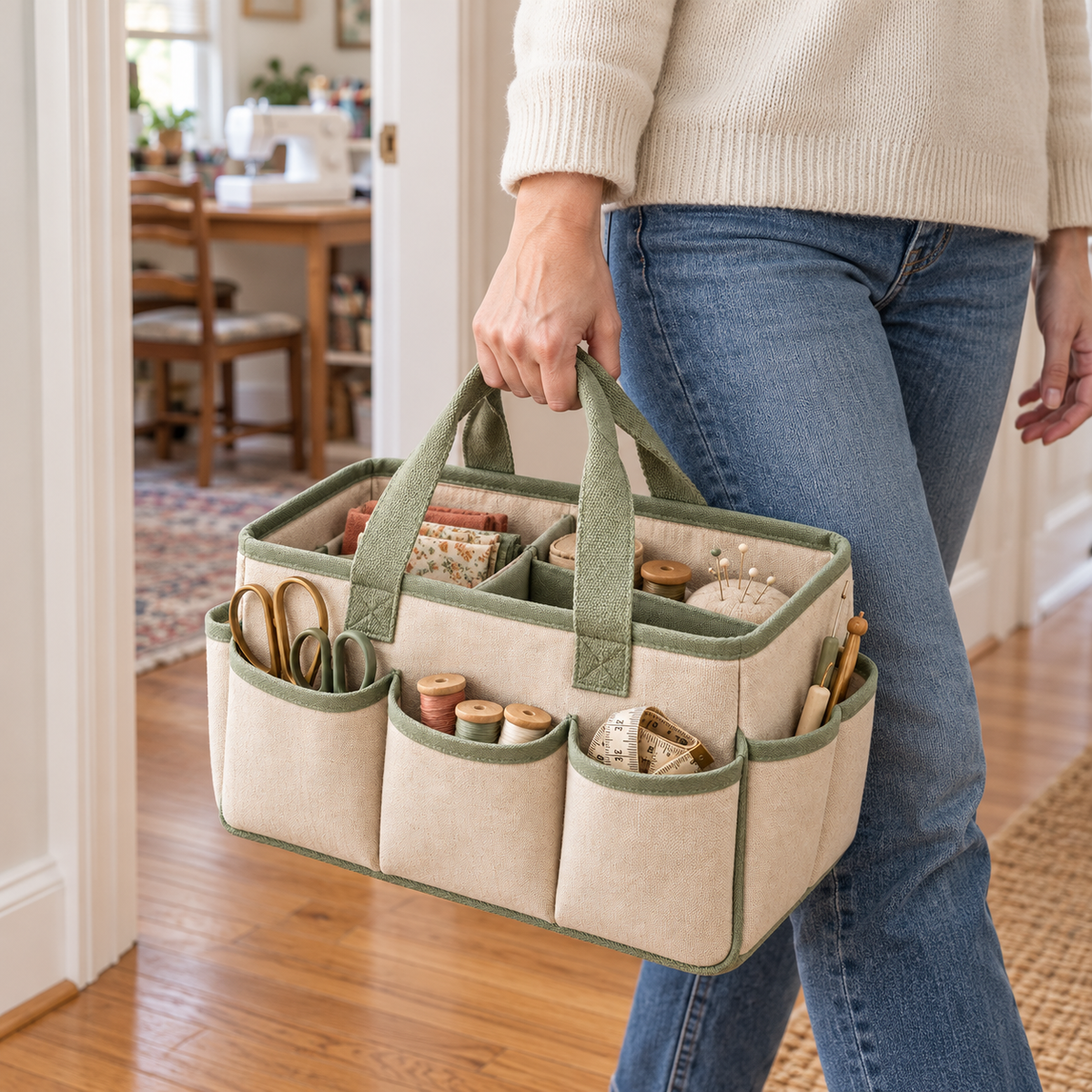 Oatmeal Canvas Sewing Tool Organizer Tote with Divided Interior & Sage Green Trim
