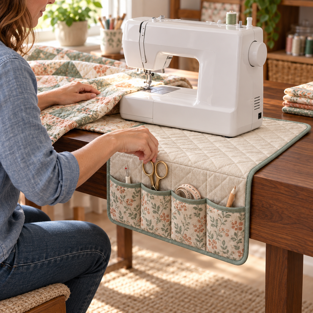 Oatmeal Quilted Sewing Machine Organizer Mat with Four Floral Storage Pockets & Sage Green Trim