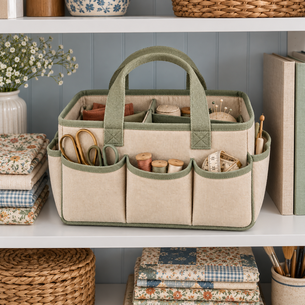 Oatmeal Canvas Sewing Tool Organizer Tote with Divided Interior & Sage Green Trim