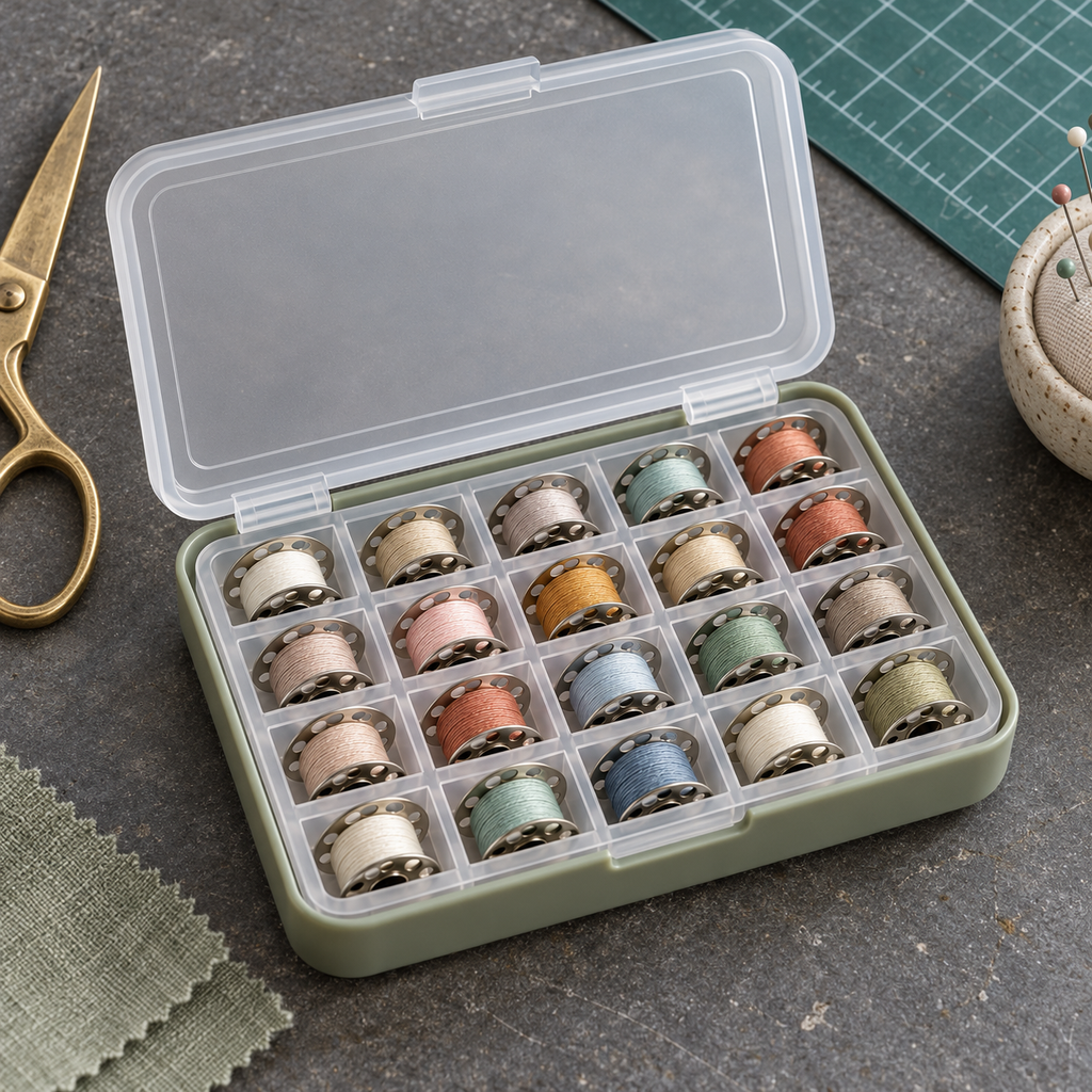 Sage Green Bobbin Storage Case with 20 Compartments & Translucent Hinged Lid