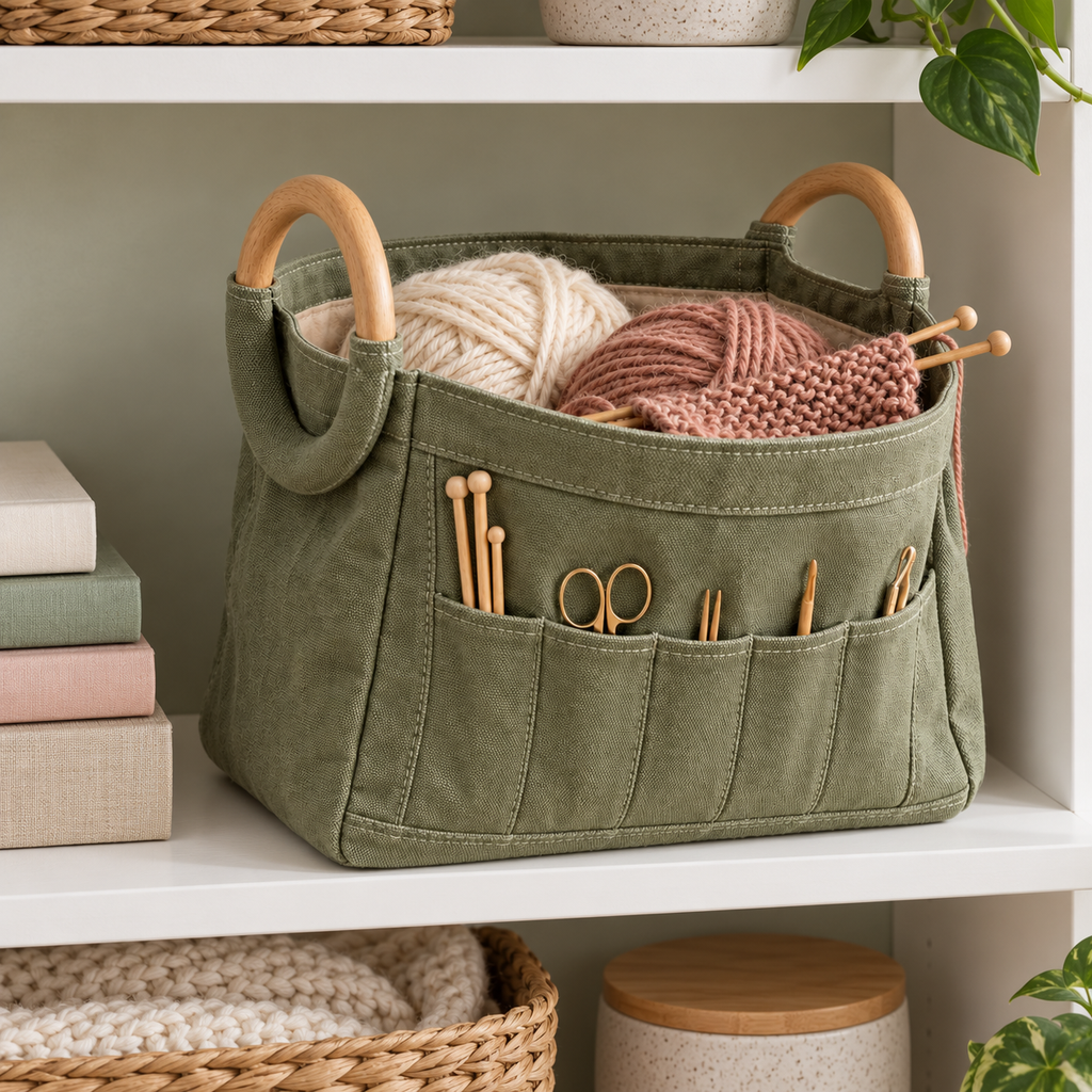 Sage Green Canvas Knitting Project Bag with Wooden Ring Handles & Tool Organizer Pockets
