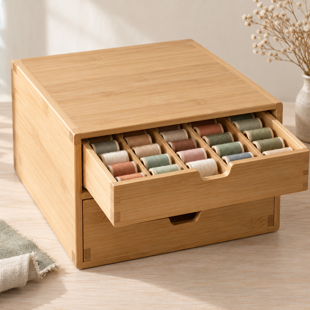 Bamboo Sewing Thread Storage Cabinet with Two Drawers & Divided Spool Organizer