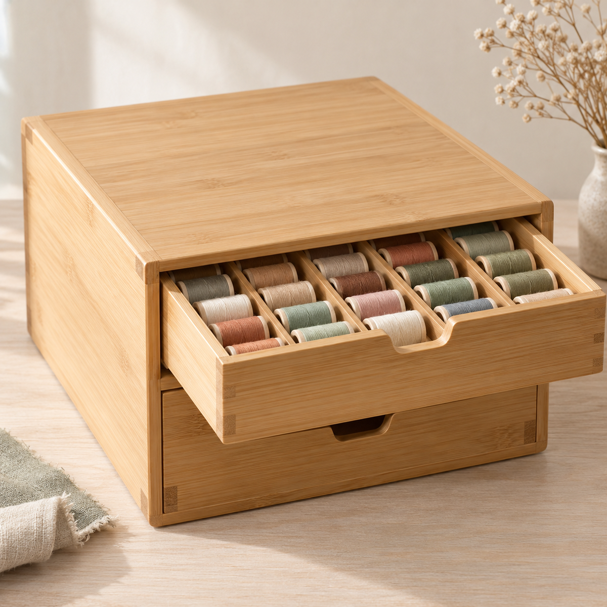 Bamboo Sewing Thread Storage Cabinet with Two Drawers & Divided Spool Organizer