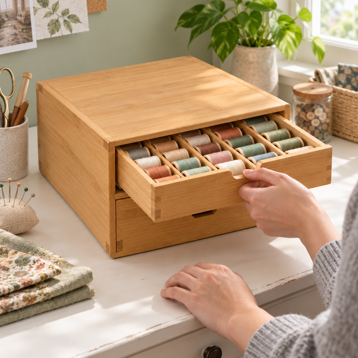 Bamboo Sewing Thread Storage Cabinet with Two Drawers & Divided Spool Organizer