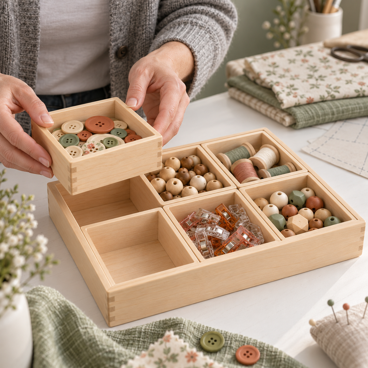 Maple Wood Craft Organizer Tray with Six Removable Compartments for Sewing & Craft Supplies