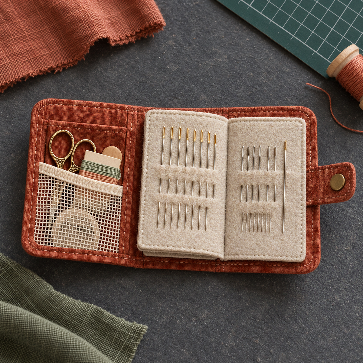 Terracotta Linen Sewing Needle Organizer Book with Felt Pages, Mesh Pocket & Snap Closure