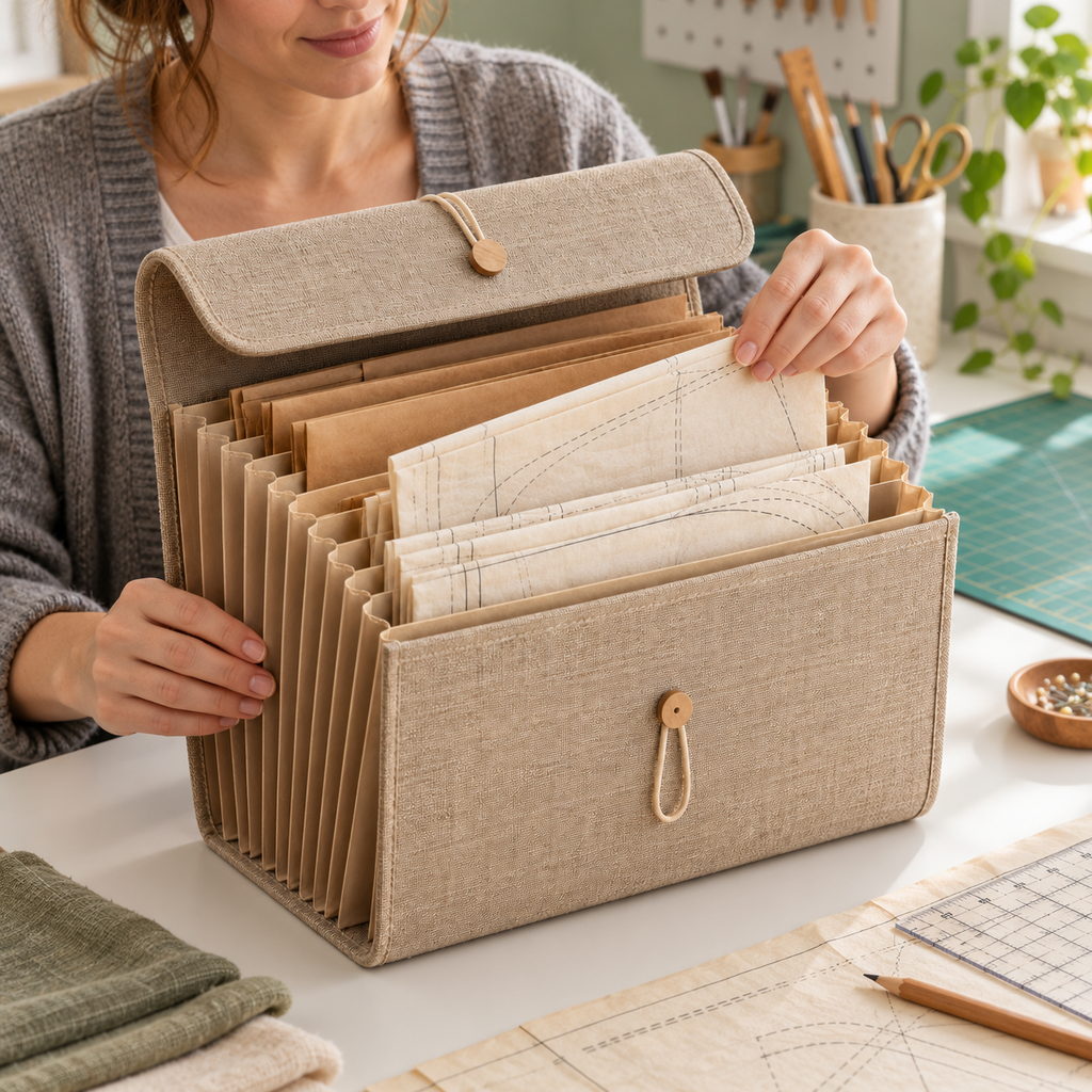 Warm Sand Accordion Sewing Pattern Organizer with Fabric Cover & Elastic Button Closure