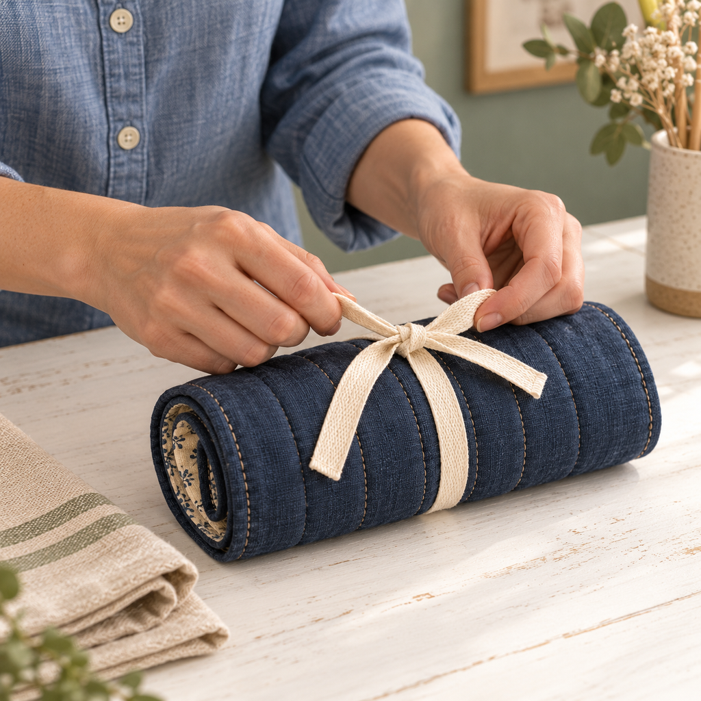 Indigo Quilted Scissors Organizer Roll with Floral Lining & Cotton Tie Closure