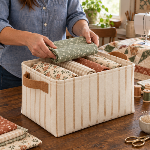 Cream Striped Fabric Storage Basket with Carry Handles for Quilting & Craft Supplies