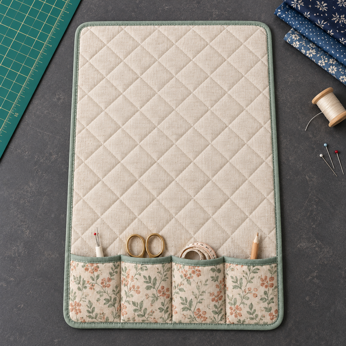 Oatmeal Quilted Sewing Machine Organizer Mat with Four Floral Storage Pockets & Sage Green Trim