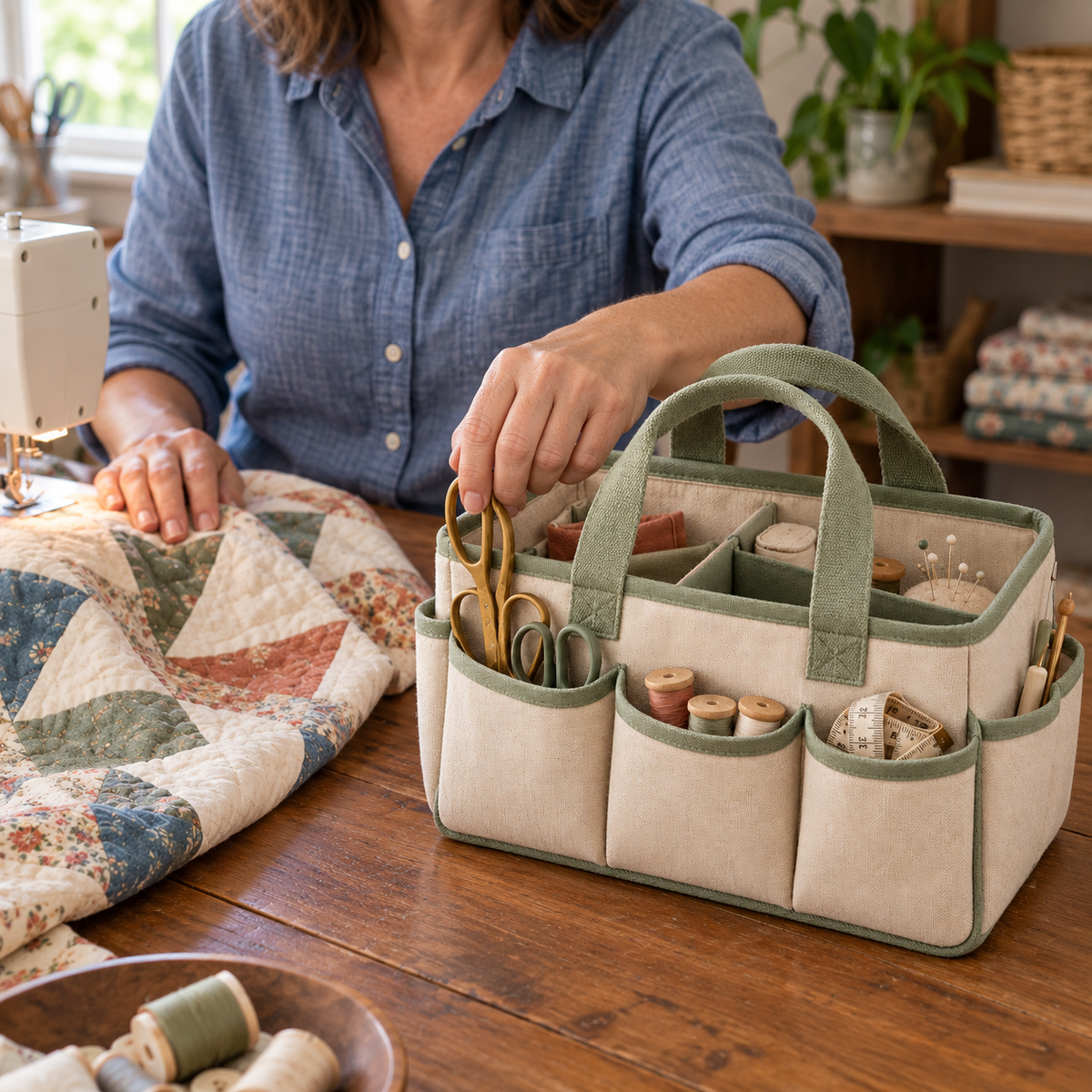 Oatmeal Canvas Sewing Tool Organizer Tote with Divided Interior & Sage Green Trim