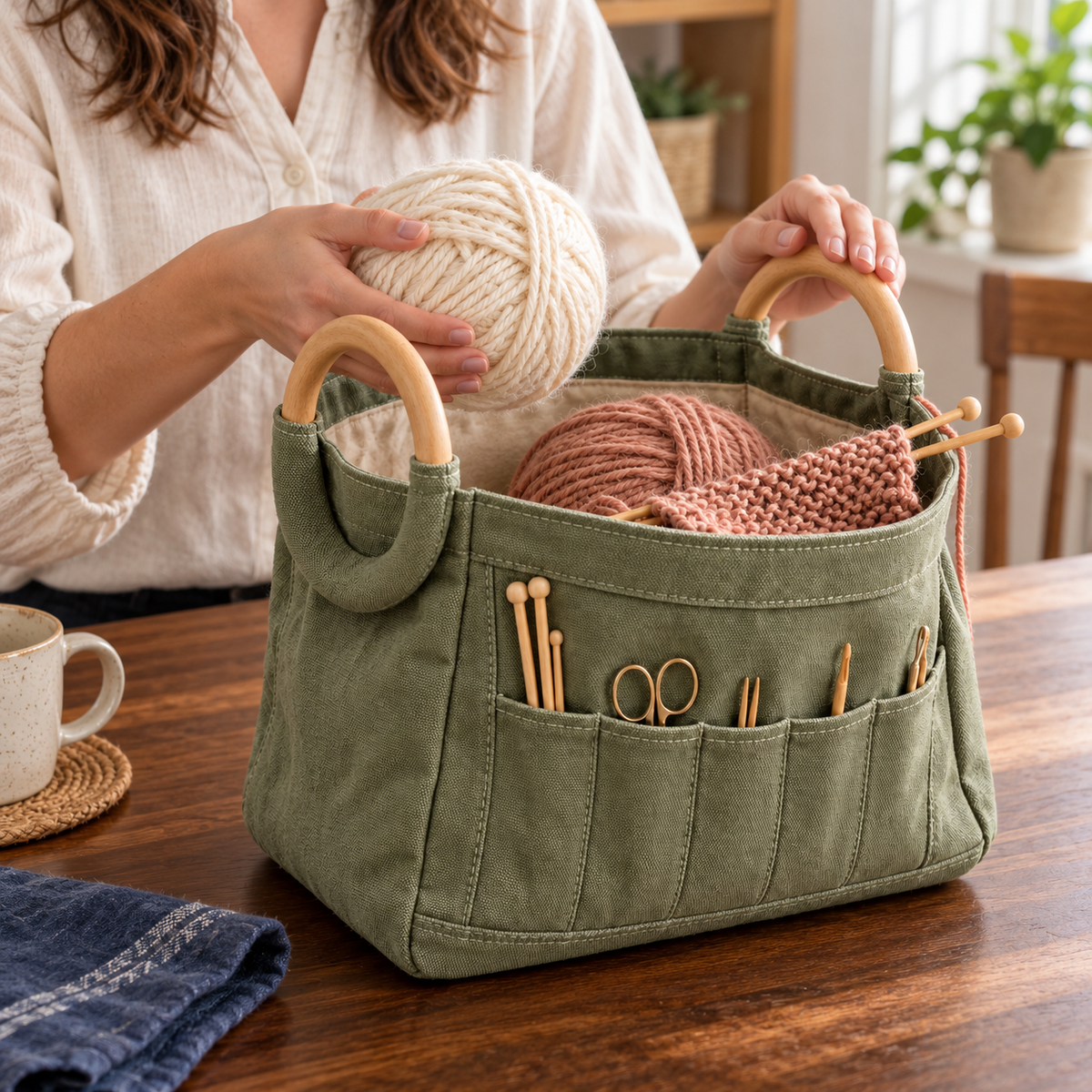 Sage Green Canvas Knitting Project Bag with Wooden Ring Handles & Tool Organizer Pockets