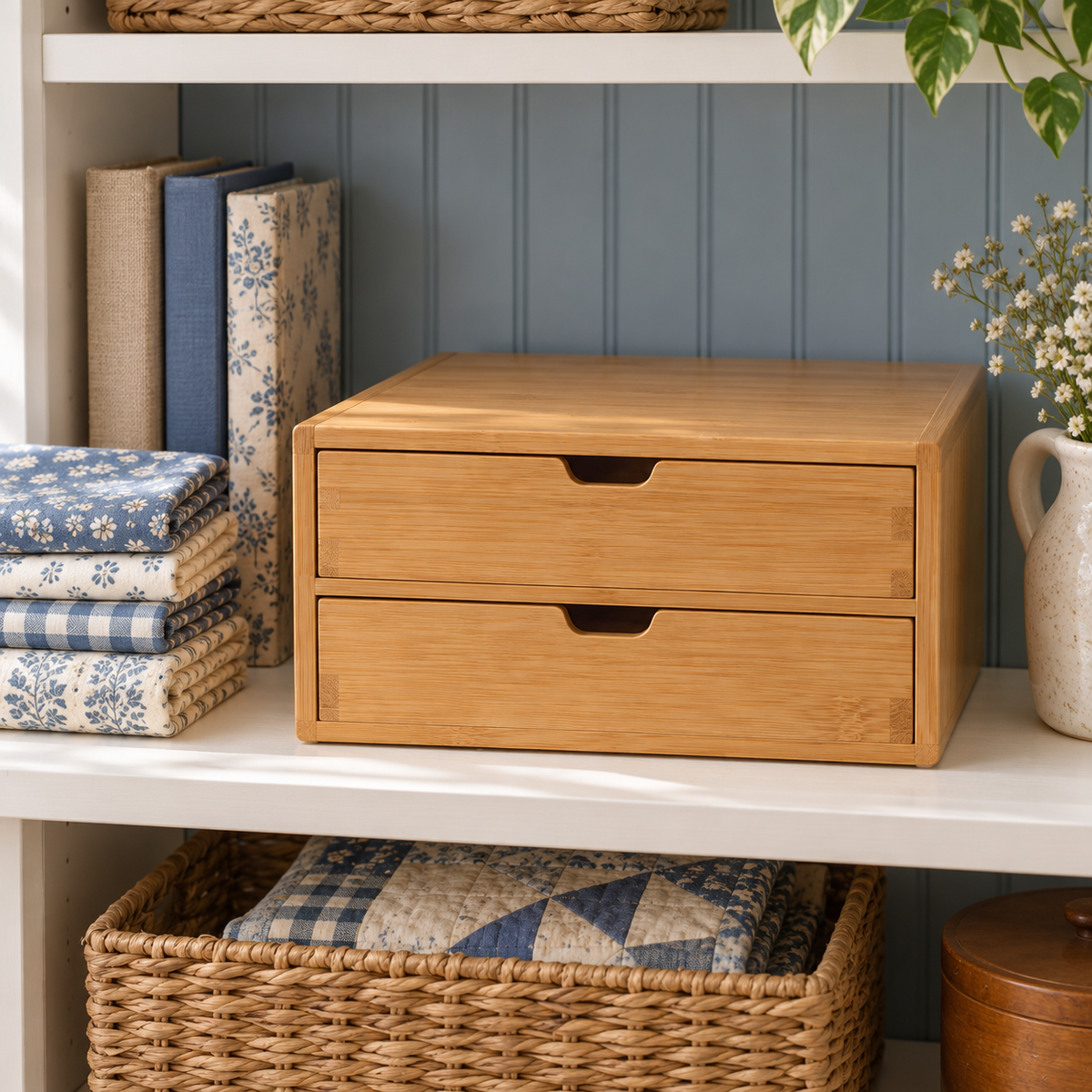Bamboo Sewing Thread Storage Cabinet with Two Drawers & Divided Spool Organizer