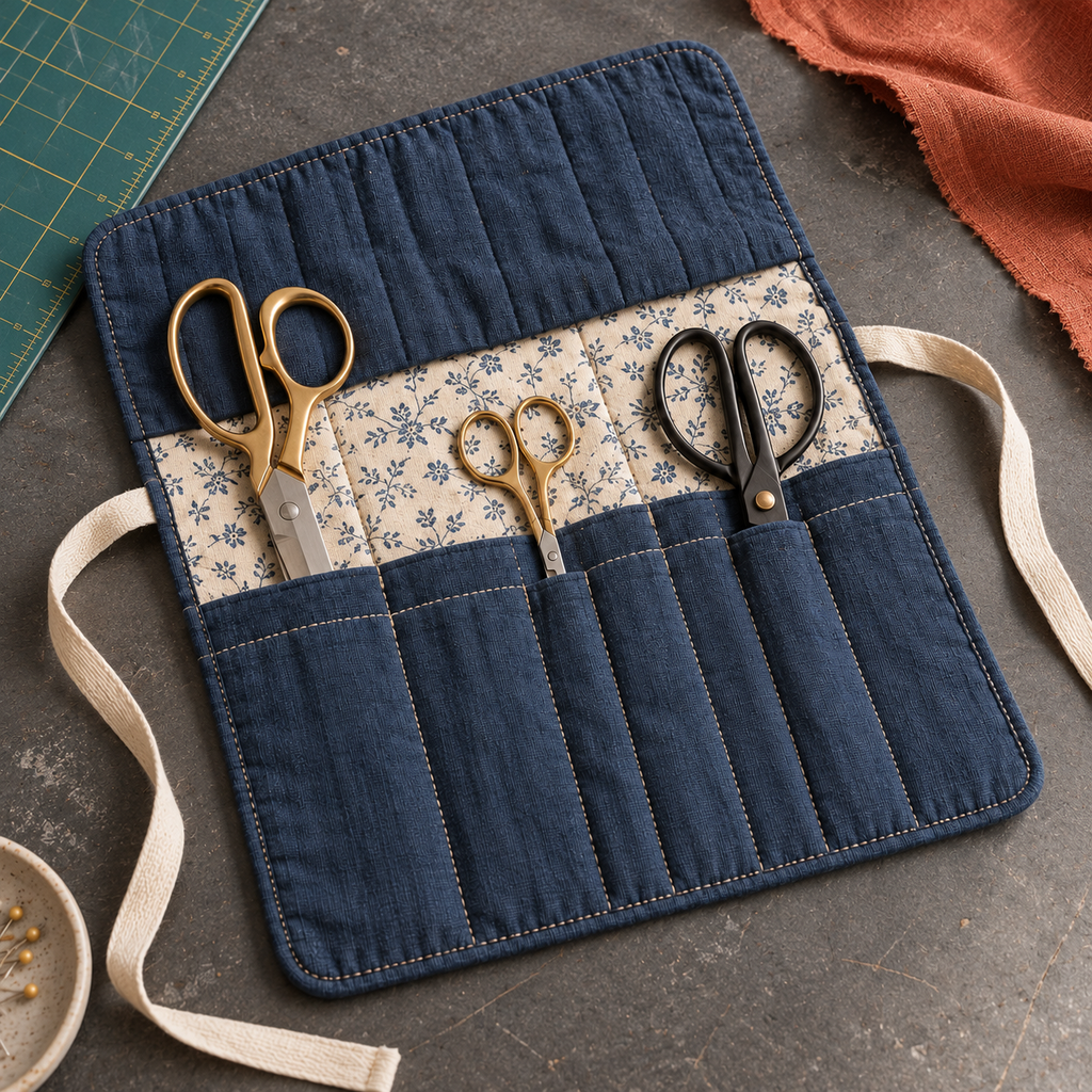 Indigo Quilted Scissors Organizer Roll with Floral Lining & Cotton Tie Closure