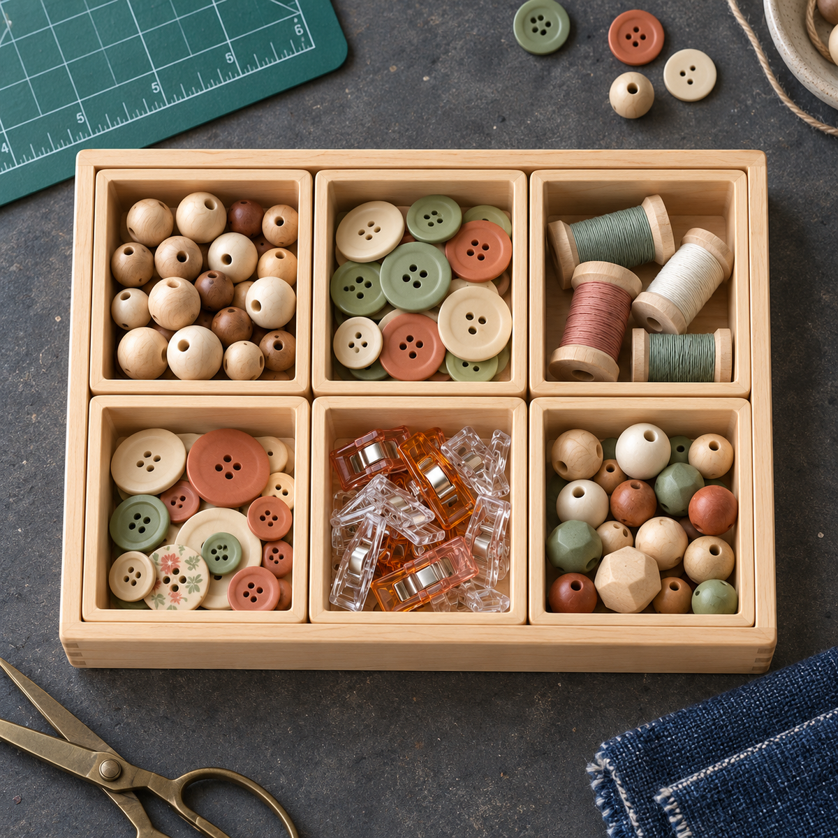 Maple Wood Craft Organizer Tray with Six Removable Compartments for Sewing & Craft Supplies