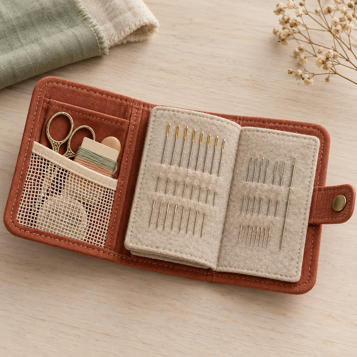 Terracotta Linen Sewing Needle Organizer Book with Felt Pages, Mesh Pocket & Snap Closure