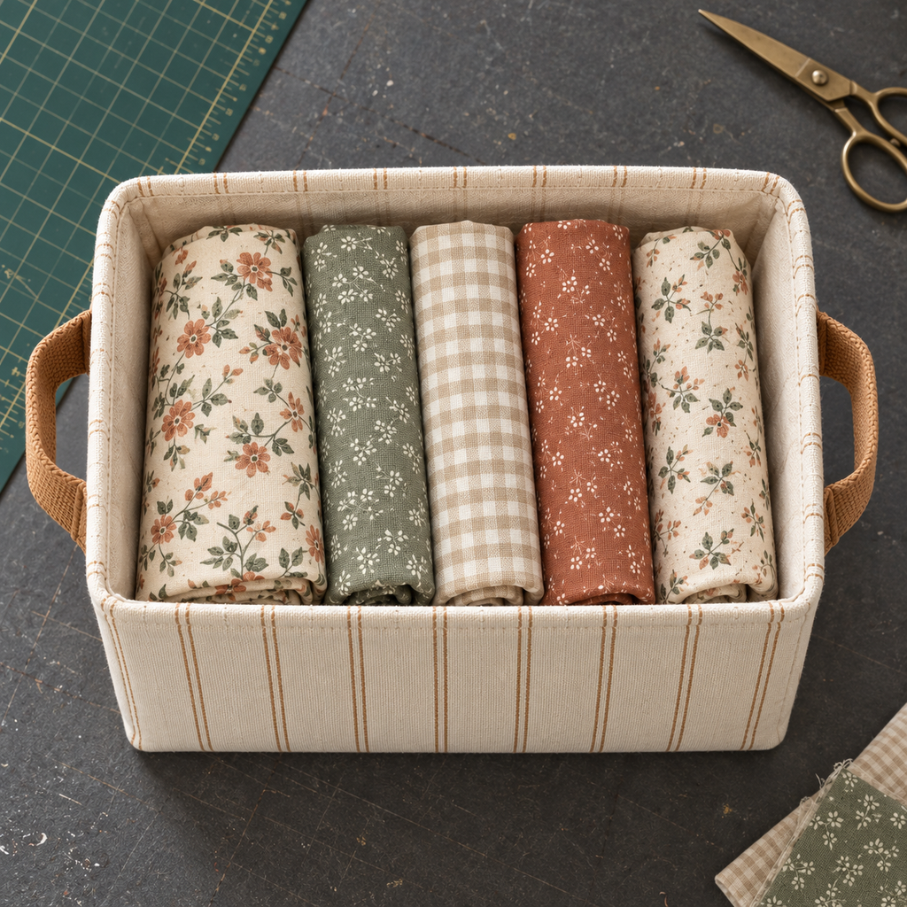 Cream Striped Fabric Storage Basket with Carry Handles for Quilting & Craft Supplies