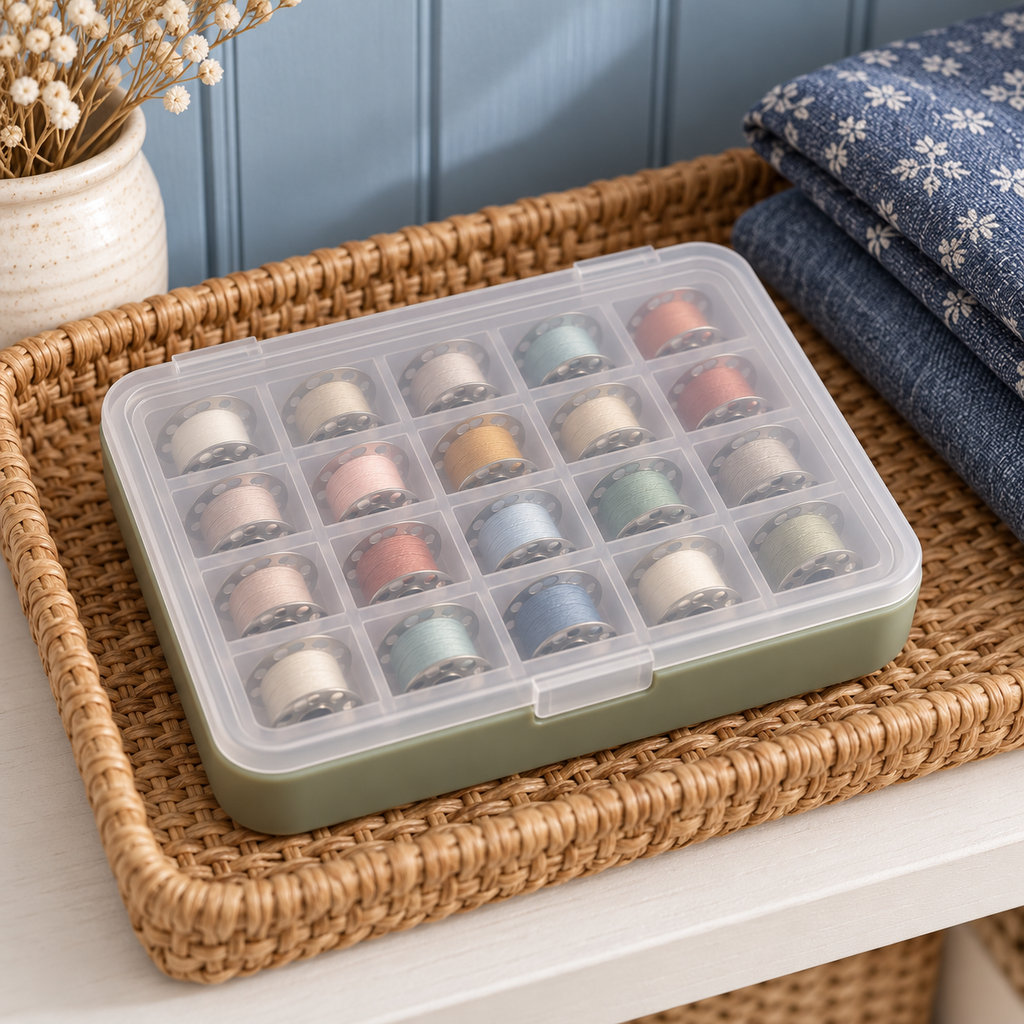 Sage Green Bobbin Storage Case with 20 Compartments & Translucent Hinged Lid