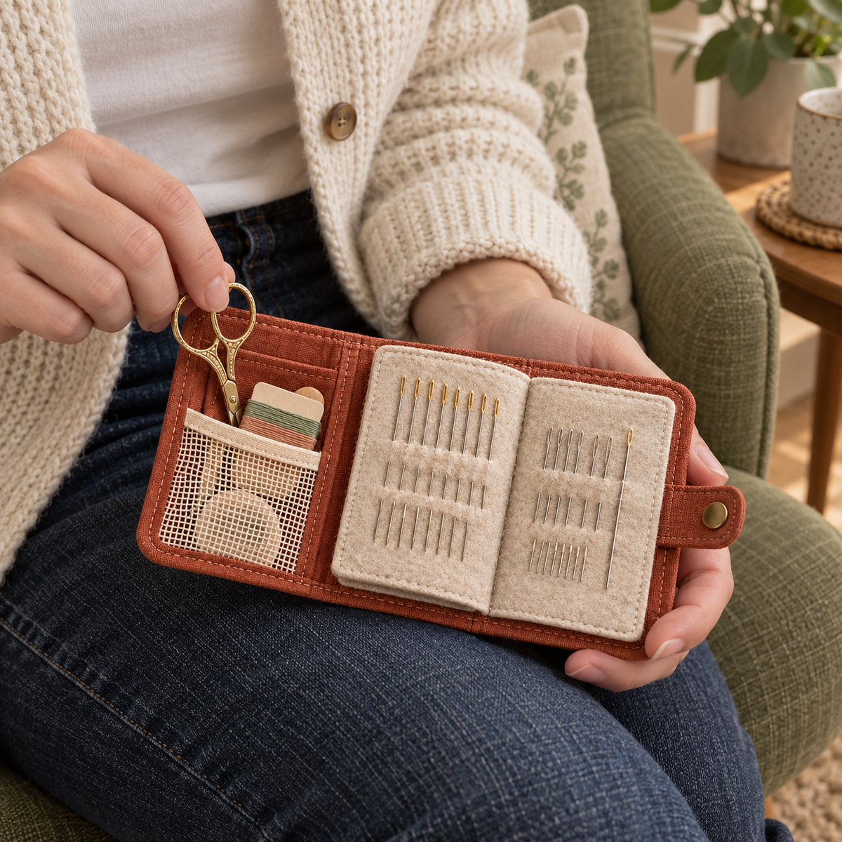 Terracotta Linen Sewing Needle Organizer Book with Felt Pages, Mesh Pocket & Snap Closure