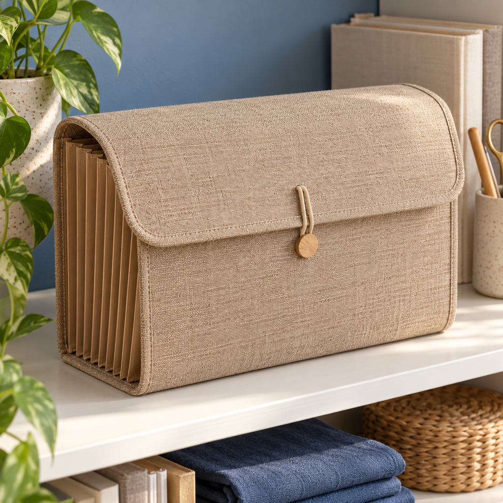 Warm Sand Accordion Sewing Pattern Organizer with Fabric Cover & Elastic Button Closure