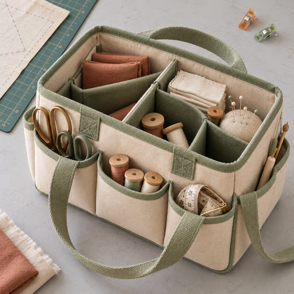 Oatmeal Canvas Sewing Tool Organizer Tote with Divided Interior & Sage Green Trim