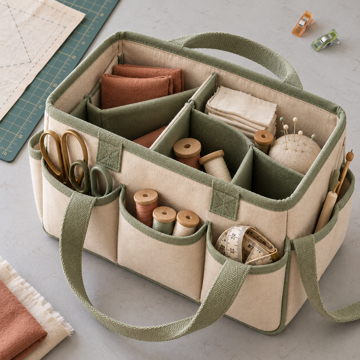 Oatmeal Canvas Sewing Tool Organizer Tote with Divided Interior & Sage Green Trim