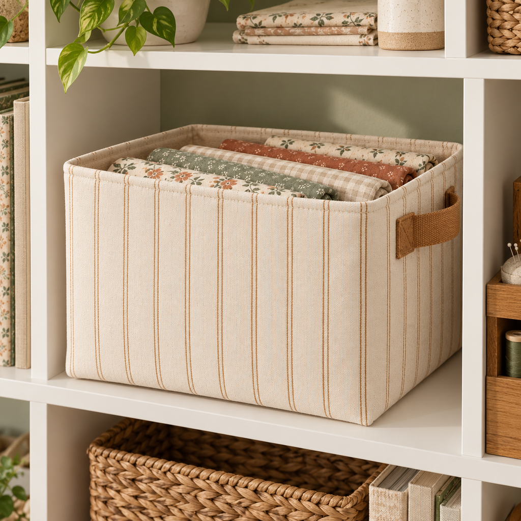 Cream Striped Fabric Storage Basket with Carry Handles for Quilting & Craft Supplies