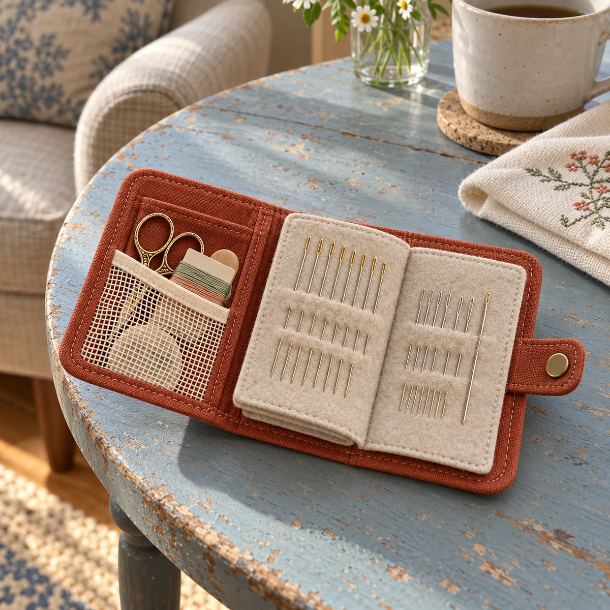 Terracotta Linen Sewing Needle Organizer Book with Felt Pages, Mesh Pocket & Snap Closure