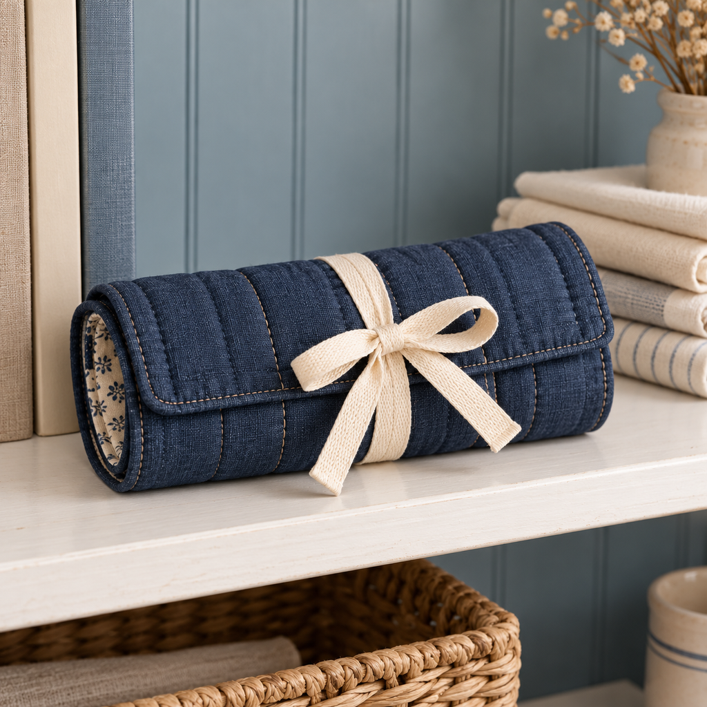 Indigo Quilted Scissors Organizer Roll with Floral Lining & Cotton Tie Closure