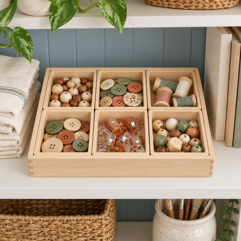 Maple Wood Craft Organizer Tray with Six Removable Compartments for Sewing & Craft Supplies