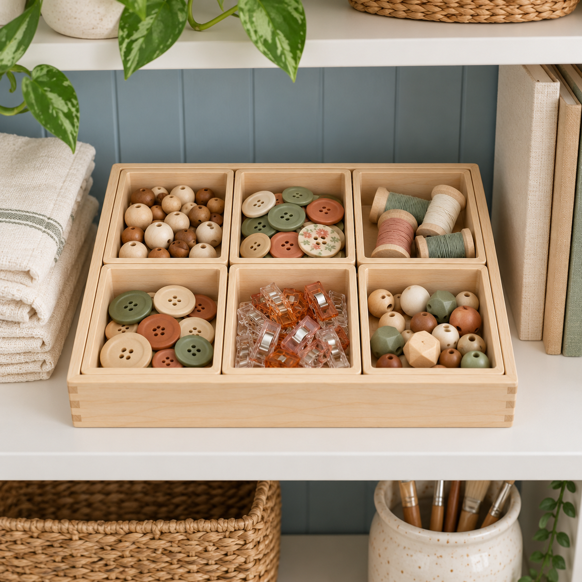 Maple Wood Craft Organizer Tray with Six Removable Compartments for Sewing & Craft Supplies