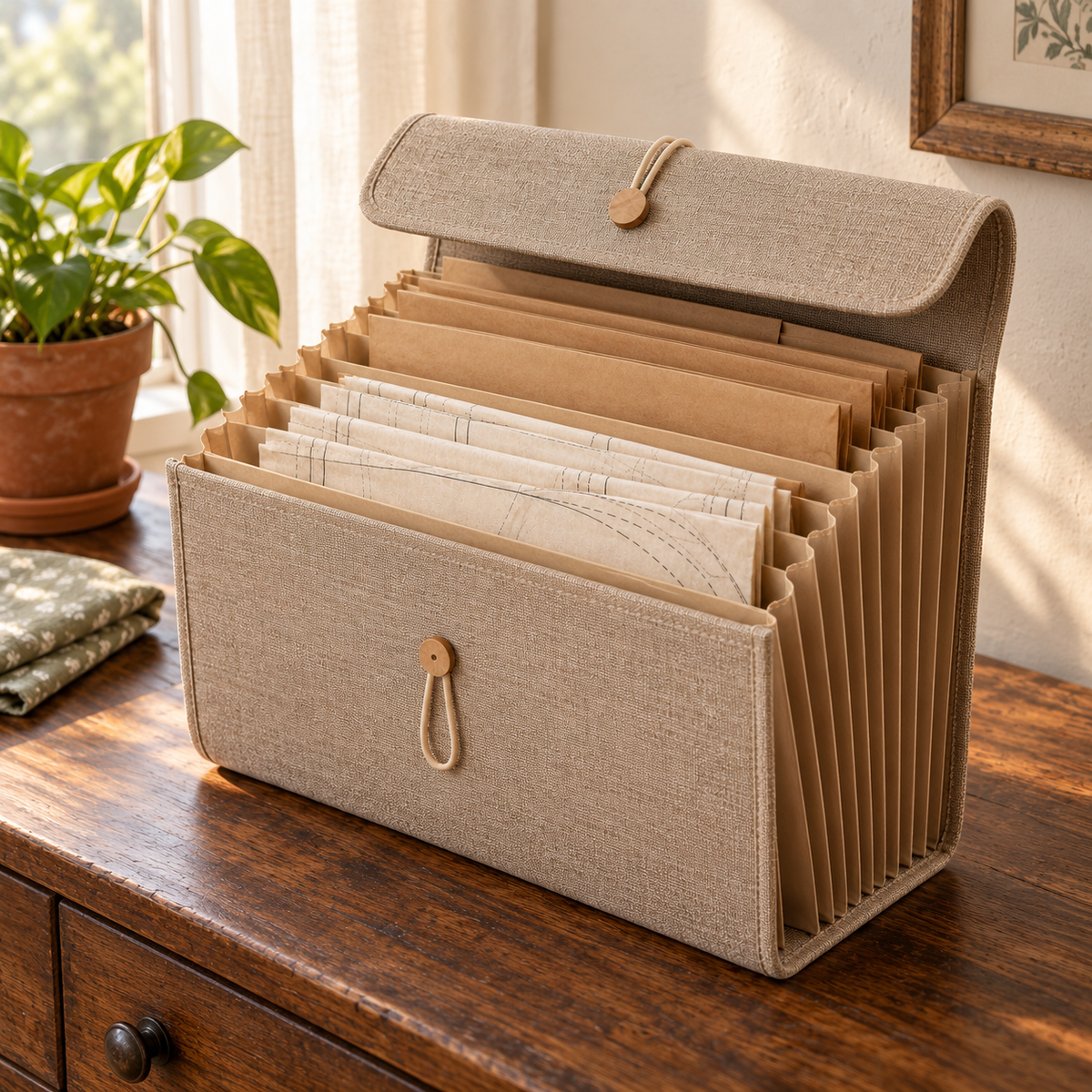 Warm Sand Accordion Sewing Pattern Organizer with Fabric Cover & Elastic Button Closure