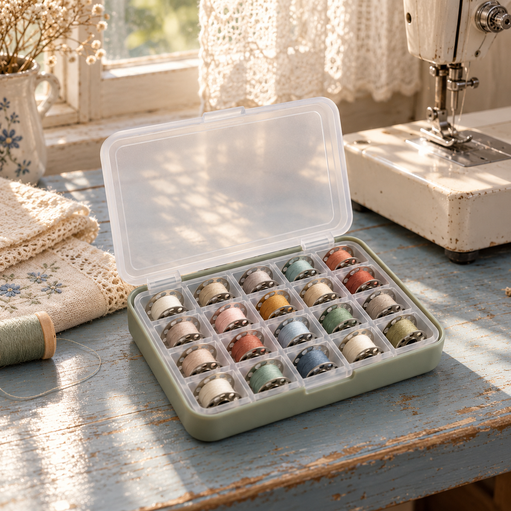 Sage Green Bobbin Storage Case with 20 Compartments & Translucent Hinged Lid