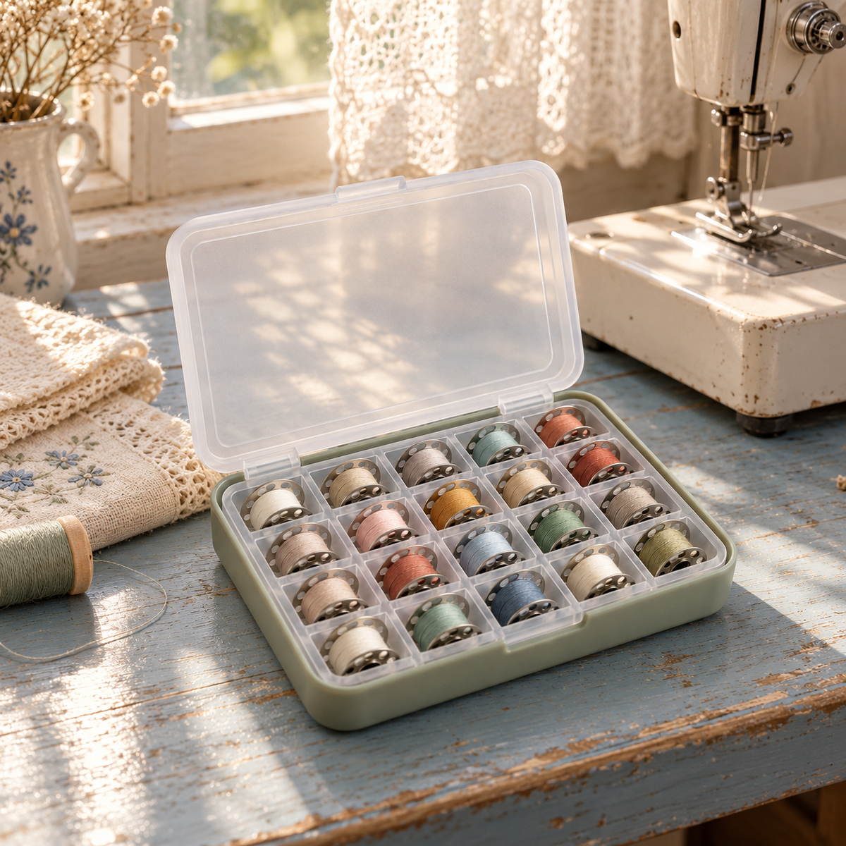 Sage Green Bobbin Storage Case with 20 Compartments & Translucent Hinged Lid