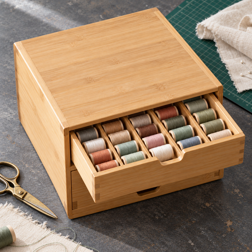 Bamboo Sewing Thread Storage Cabinet with Two Drawers & Divided Spool Organizer