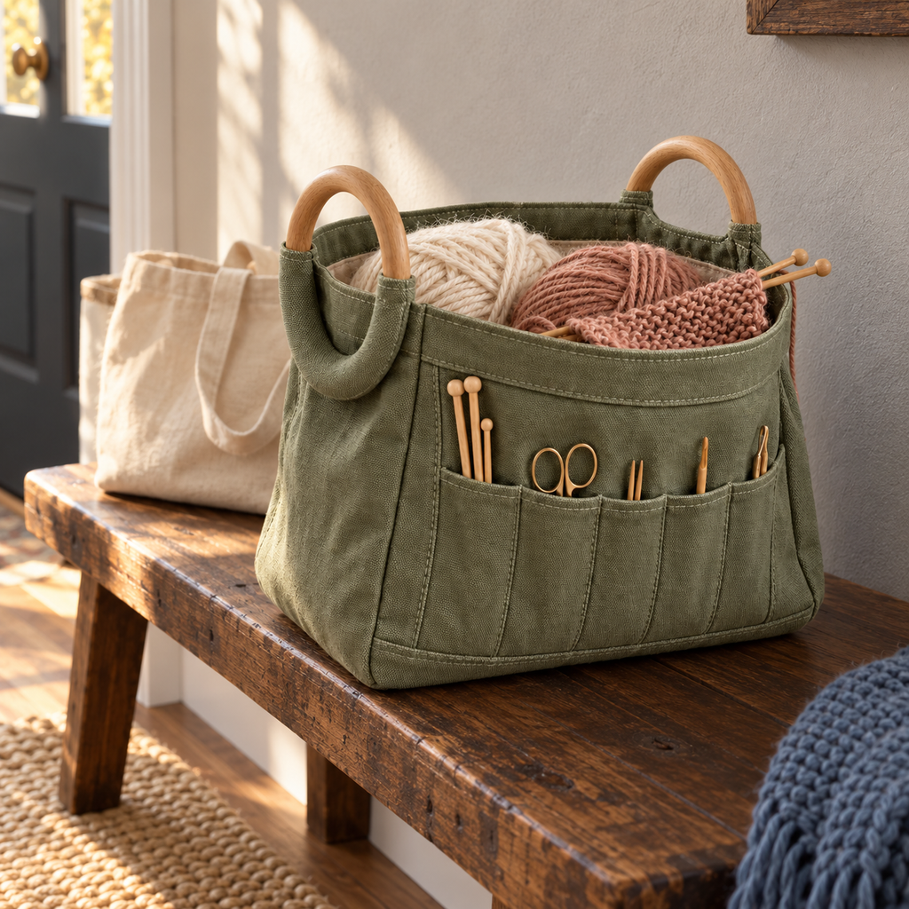 Sage Green Canvas Knitting Project Bag with Wooden Ring Handles & Tool Organizer Pockets