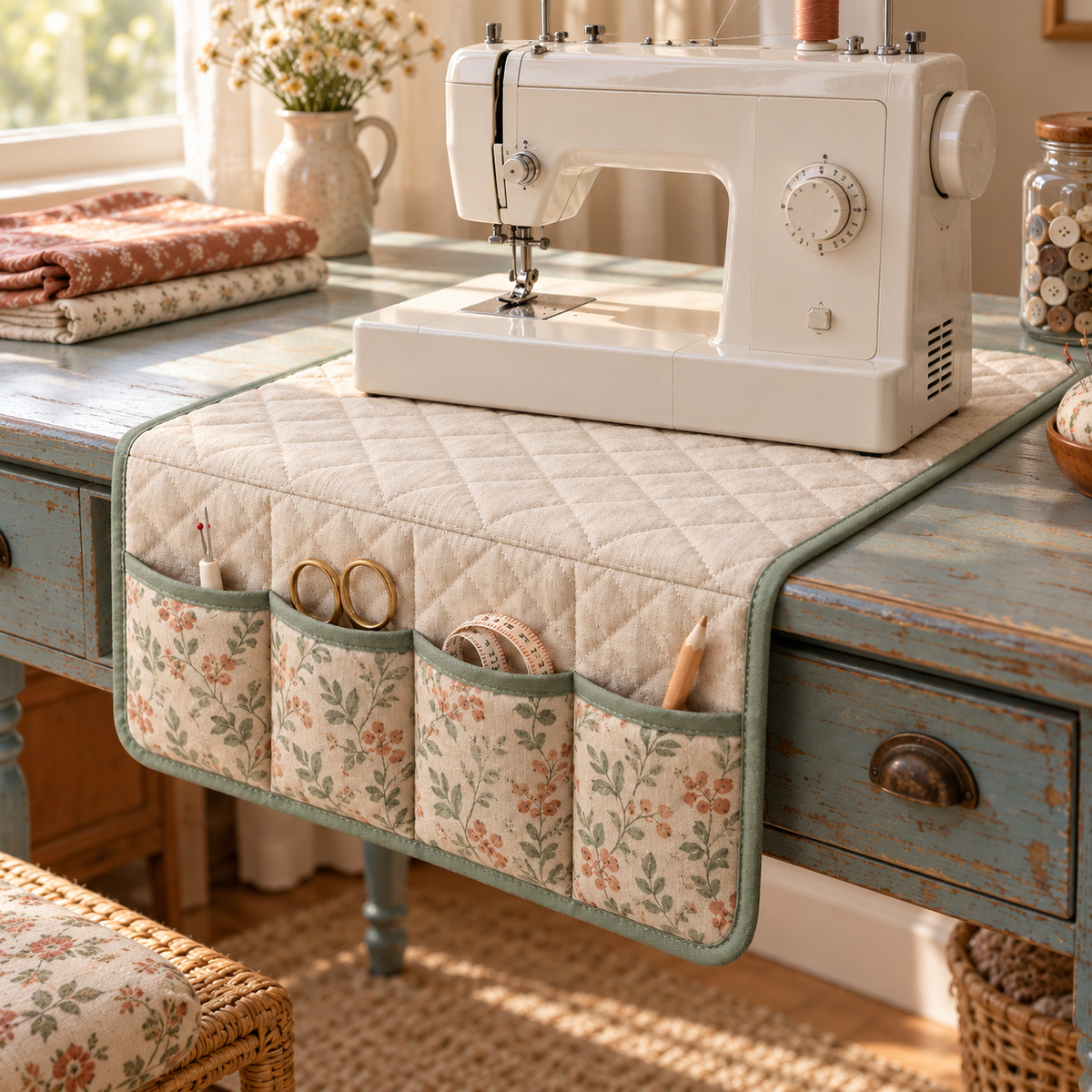 Oatmeal Quilted Sewing Machine Organizer Mat with Four Floral Storage Pockets & Sage Green Trim