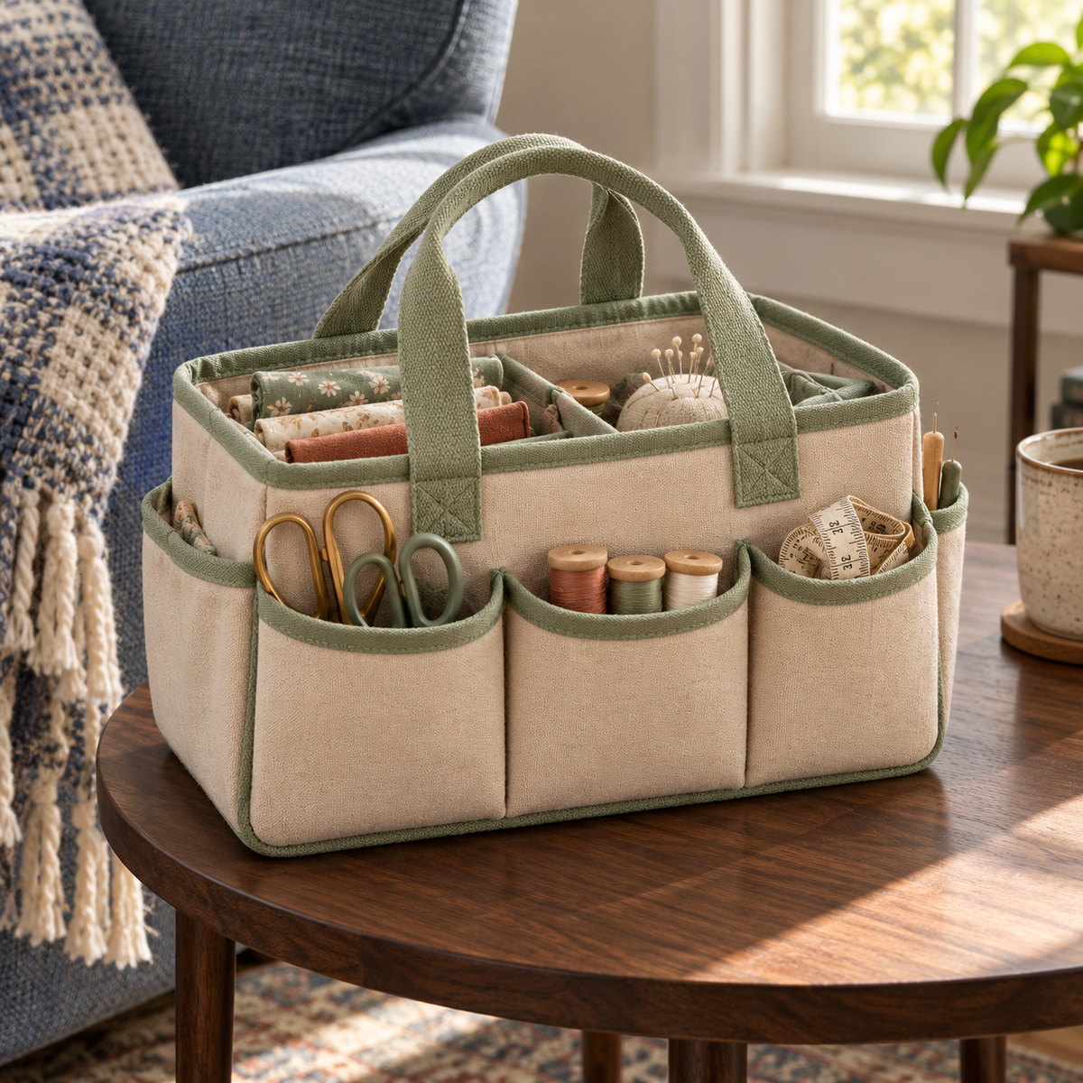 Oatmeal Canvas Sewing Tool Organizer Tote with Divided Interior & Sage Green Trim
