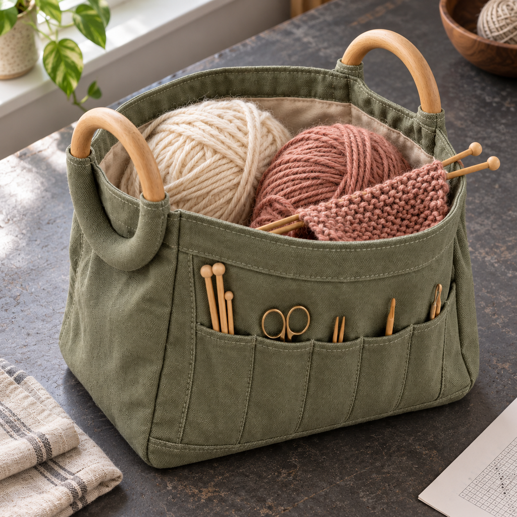 Sage Green Canvas Knitting Project Bag with Wooden Ring Handles & Tool Organizer Pockets