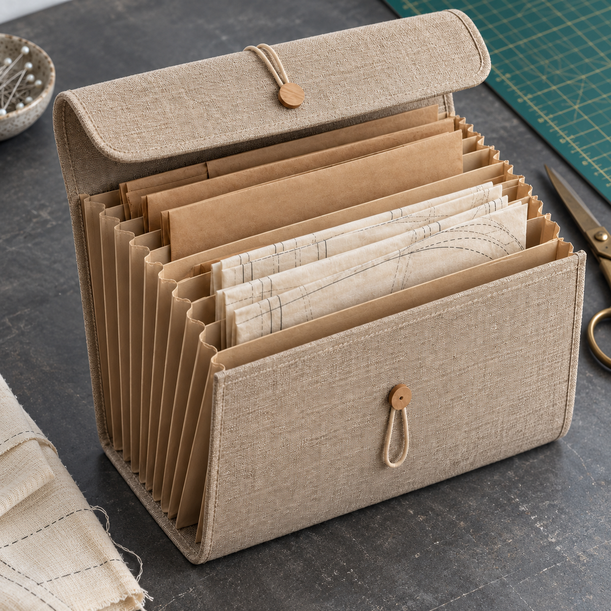 Warm Sand Accordion Sewing Pattern Organizer with Fabric Cover & Elastic Button Closure